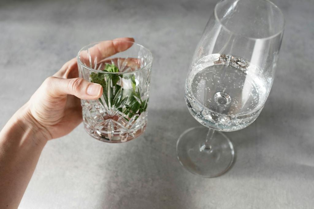 Crop person holding glass with herbs and water near wineglass with tonic on gray table