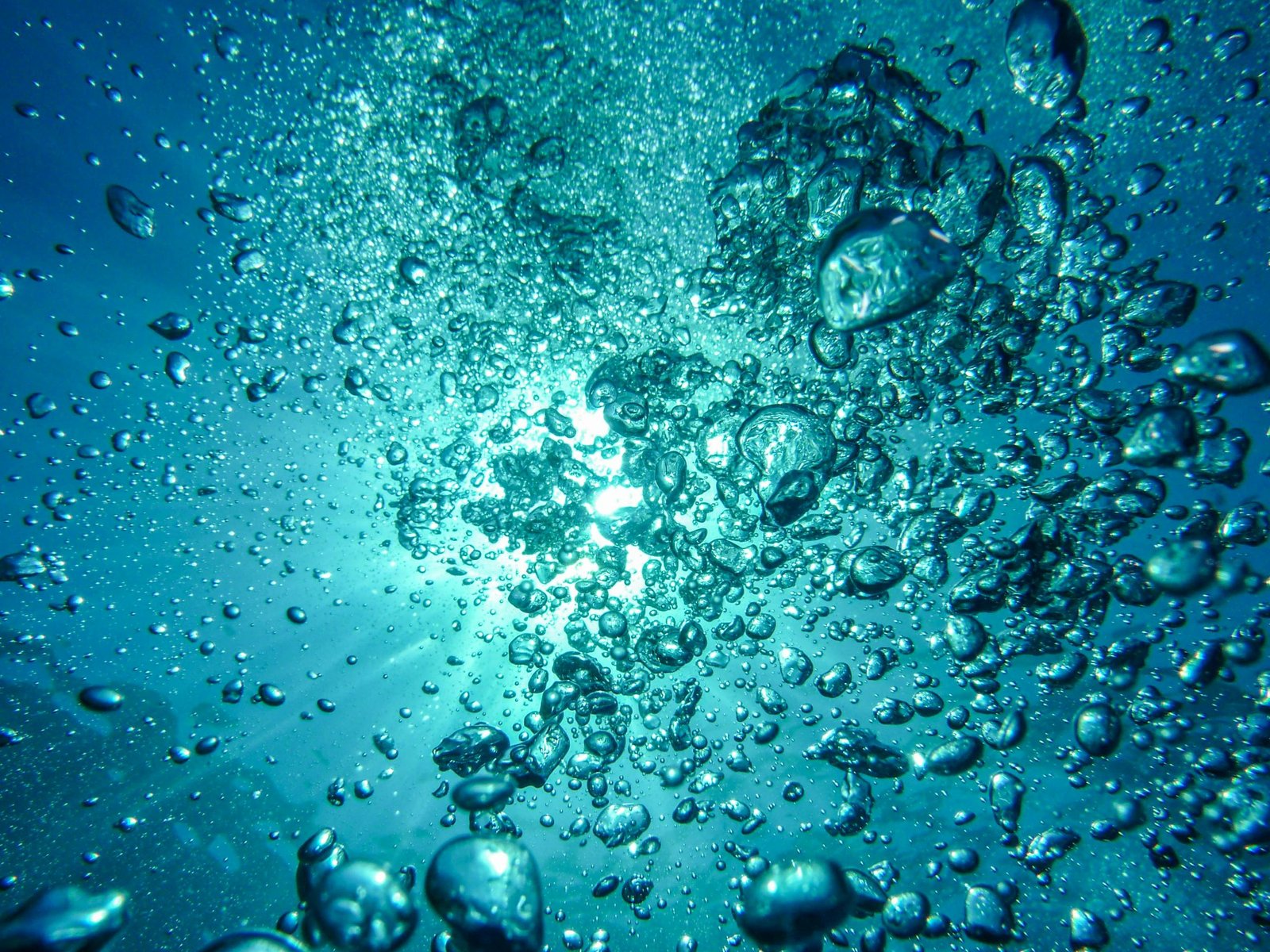 Capture of underwater bubbles rising towards the surface with sunlight streaming through.